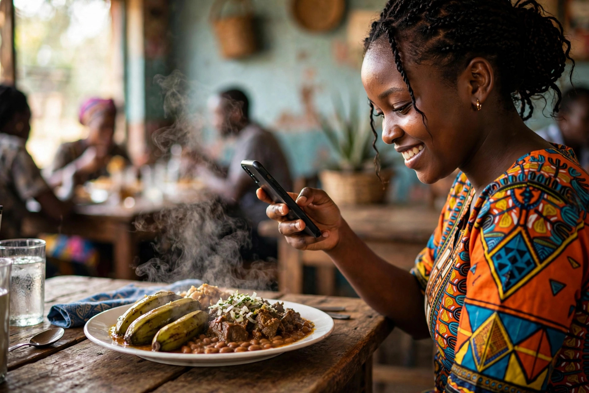 A local expert photographing a steaming plate of Ugandan food with her phone in a small restaurant