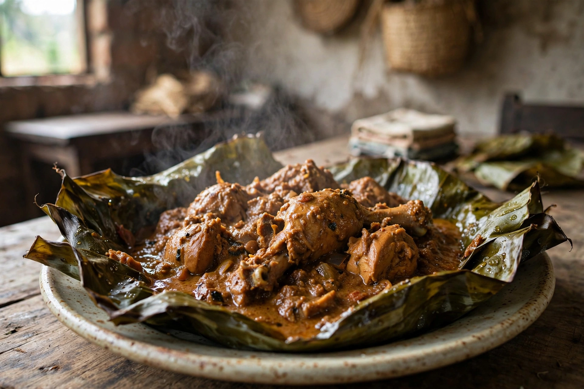 Chicken luwombo in banana leaves, steaming on a plate in a small restaurant in Gulu