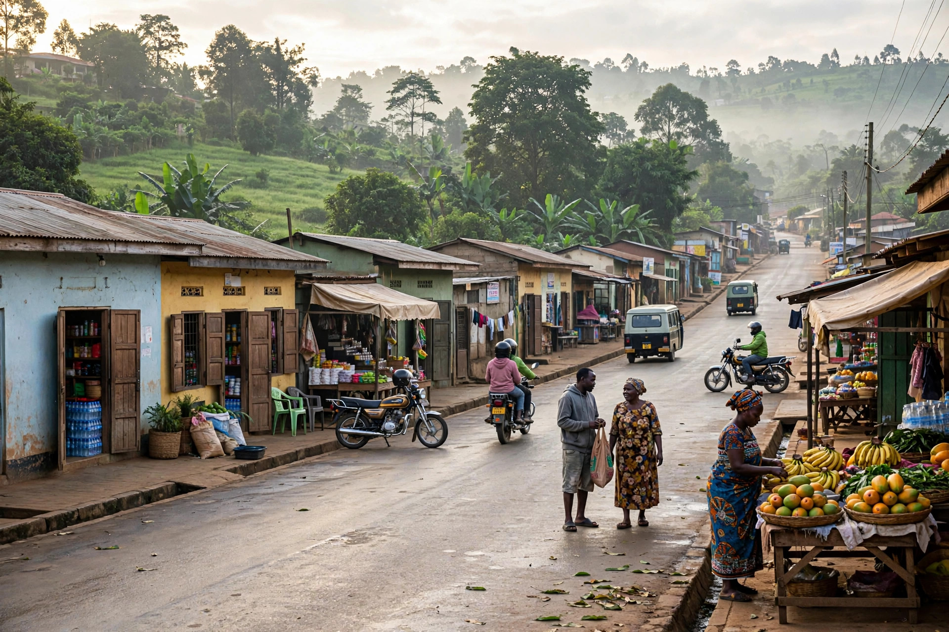 Main street of Mbale town in Uganda with small shops, a fruit stall, boda bodas and people walking in soft morning light